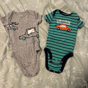 Carter's Teal Striped and Gray Car Print Baby One-Piece Bodysuits